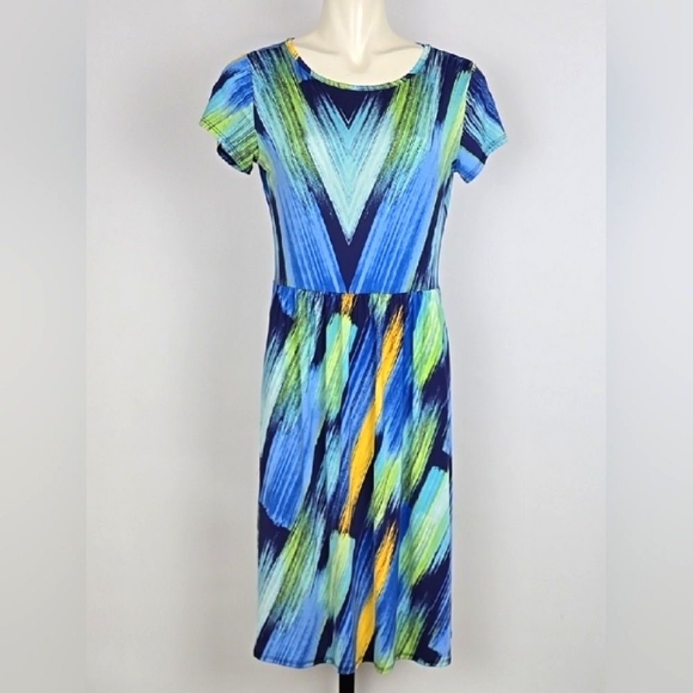 JUPEE Women's Short Sleeves Midi Dress Blue Green Lightweight Stretch Size M